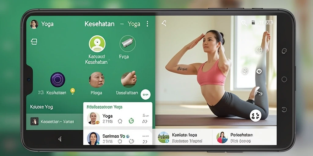 Antarmuka aplikasi Yoga API33 menampilkan berbagai latihan dan tips kesehatan.