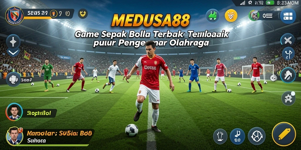 Tampilan antarmuka MEDUSA88 dengan pemain dan lapangan sepak bola yang dinamis.