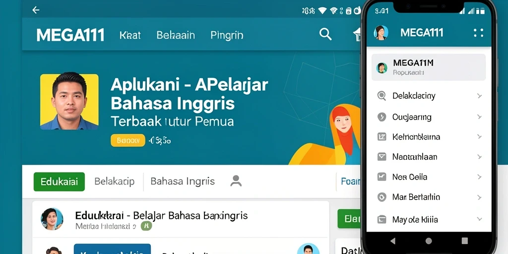 Tampilan antarmuka MEGA111 yang ramah pengguna untuk belajar bahasa Inggris.